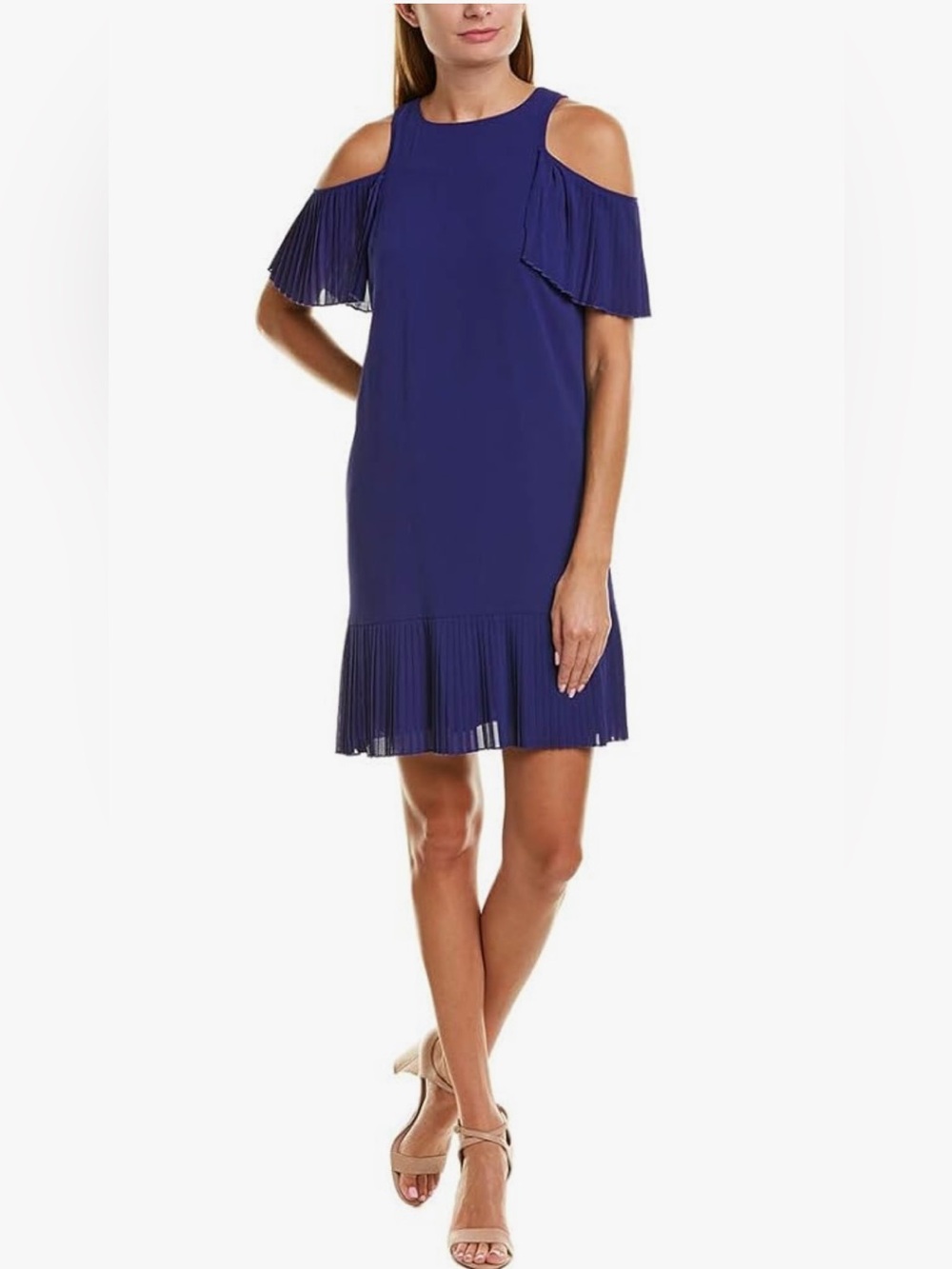 Vince Camuto Chiffon Shift Dress: Cold-Shoulder, Pleated Hem in Cobalt Blue
